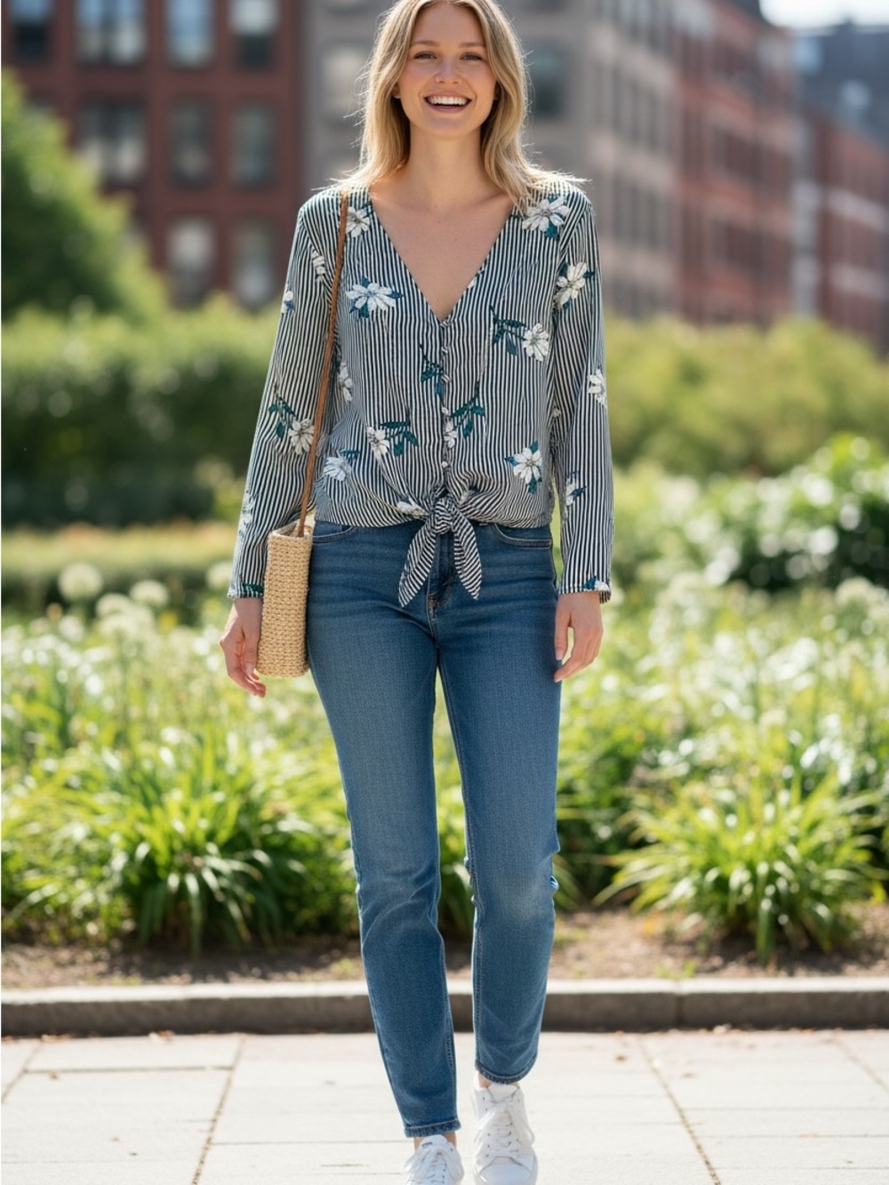One Clothing Striped Floral Tie Front Blouse M
